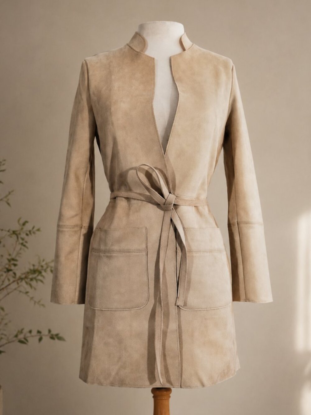 Faux Suede Belted Coat Jacket Beige Nude Quiet Luxury